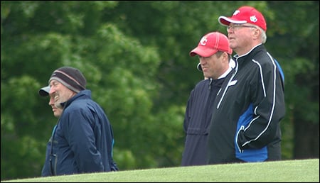 Watching the action in today's final matches are (left to right) Team WSGA captain and WSGA President Frank Horton, PNGA CEO/executive director Troy Andrew, and Team BC Golf captain and British Columbia Golf President David Atkinson.