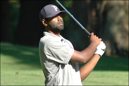 Sahith Theegala hits on the 10th hole during the third round