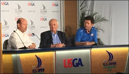(Left to right): USGA Executive Director Mike Davis, Chambers Bay architect Robert Trent Jones Jr., and FOX broadcaster Shane O'Donoghue discuss the design of Chambers Bay during the 