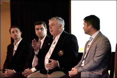 Matthew Pringle, Ph.D. Technical Director, Equipment Standards, Rand Jerris, Ph.D. Senior Managing Director, Public Services, Jim Moore, USGA Director, Green Section Education, and professor Brian Horgan, Ph.D. Department of Horticultural Science at the University of Minnesota (left to right), as seen at the 2016 USGA Pace and Innovation Symposium at Brookside Golf Club in Pasadena, Calif.