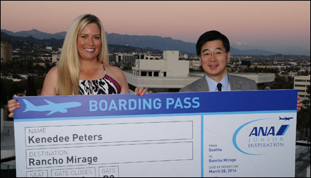 Brittany Lincicome (left), defending champion of the ANA Inspiration, holds a special boarding pass for Ephrata's Kenedee Peters for her trip to Rancho Mirage, Calif. 