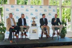 On the panel at the Kick-Off event for the 2016 KPMG Women’s PGA Championship were (left to right) Steve Oaks, president of Sahalee Country Club; Shawn Quill, director of sports marketing and sponsorships at KPMG; Kevin Ring, chief revenue officer for the PGA of America; and Mike Whan, commissioner of the LPGA. (Photo by Rob Perry)